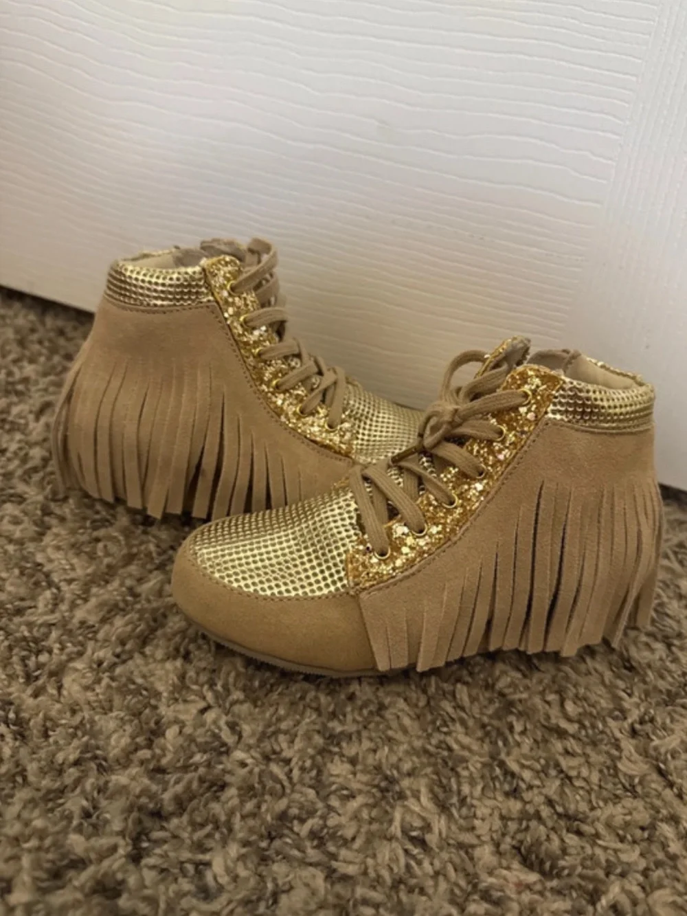 Joyfolie Tan and Gold Fringe High-Top Boots for Kids